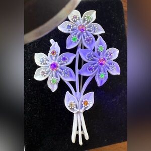 VTG Uranium Glass Rhinestone Flower Floral White Painted Brooch Colorful Pin